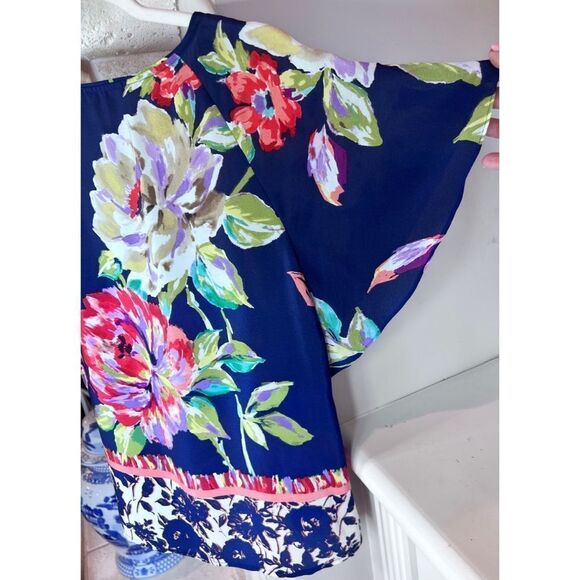 Anthropologie Maeve 100% Silk Navy Blue Floral Sheer Short Sleeve Blouse Sz 0 - Picture 5 of 8
